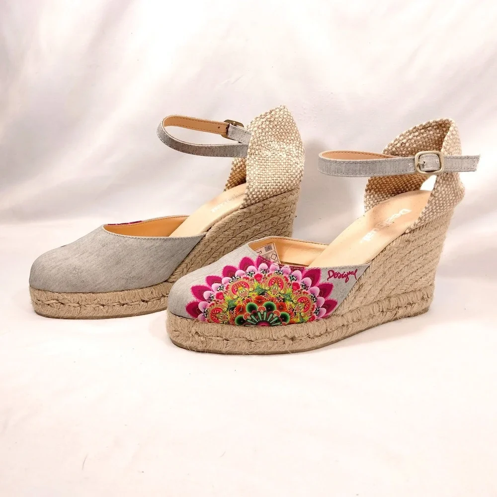 Desigual Espadrille Wedges; Floral Mandala Ankle Strap Platform Shoes